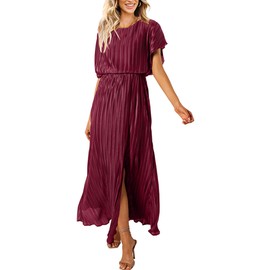 ECOWISH Summer Maxi Dress Women Cocktail Formal Wedding Guest Long Short Sleeve Pleated Dresses Empire Waist Crew Neck Slit Wine Red X-Large
