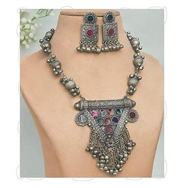 Siddhatva Designer Statement Afghani Antique Oxidised Silver Indian Party Ethnic Tassel Ghungroo Bells Tribal Gypsy Necklace Jewelry Set Women