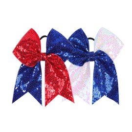 American Flag Navy Blue Red White Stars Glitter Hair Tie.Large Cheer Hair Bows Ties.(DL7) (Navy Blue Red White)