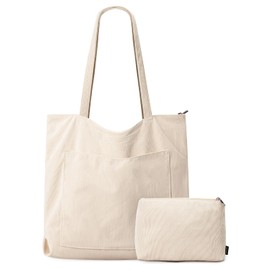 GASSDA Women's Corduroy Bag, Large Shopper Bag, Women's Handbag, Shoulder Bag, Tote Bag with Zip and Cosmetic Bags, A-light khaki