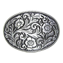 Western Belt Buckles for Women Men's Cowboy Belt Buckle - Silver Oval Vintage flower