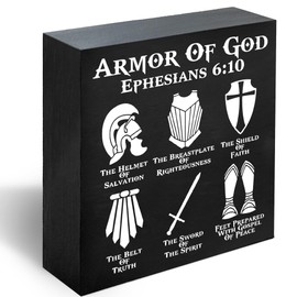 Put on the Full Armor of God Bible Verses Wooden Box Sign Desk Decor, Ephesians 6 10 Christian Desk Sign Decor for Home Office, Prayer Room Decor, Christian Gifts -B04