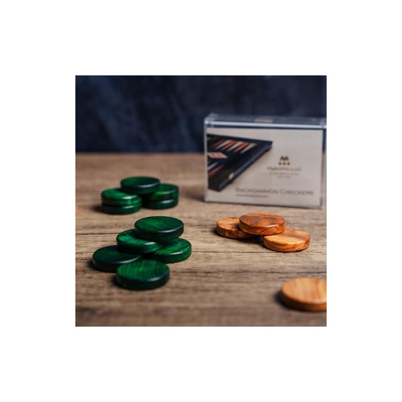 Luxury Manopoulos Olive Wood 36mm Backgammon Checkers - Green and