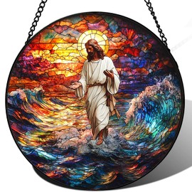 Zizzie Stained Glass Jesus Suncatcher - 7.9" Real Glass Walking on Water Window Hanging, Weatherproof Christian Religious Decor, Overcoming Storms Sympathy Faith Gift for Mom Pastor