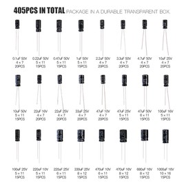 Rustark 405Pcs 24 Value 10V 16V 25V 50V Aluminum Electrolytic Capacitor Assortment Box Kit Range 0.1uF-1000uF