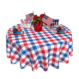 SuQKXCo 4th of July Round Tablecloth 60 inch Patriotic Memorial Day Tablecloths Independence Day Red White and Blue Checkered Table Covers for Kitchen Party Decoration
