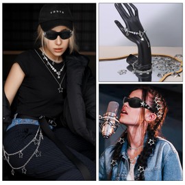 Fingertip WD Y2k Accessories Set Included Star Y2k Silver Necklace Grunge Layered Necklace Hip Hop Pants Chain Y2K Sunglasses Star Hair Clip Y2k Silver Hair Clips Vintage Jewelry Set for Women