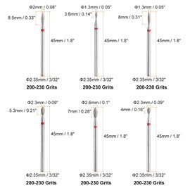 sourcing map 6pcs 200-230 Grits Diamond Grinding Bit 1.3/2/2.3/2.6mm Oval Head 2.35mm Shank Stone Sanding Drill Bits Rotary Tool for Ceramic Glass Nails Grinding Polishing