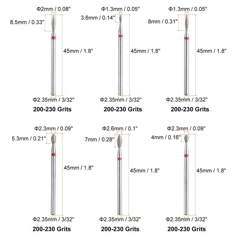 sourcing map 6pcs 200-230 Grits Diamond Grinding Bit 1.3/2/2.3/2.6mm Oval