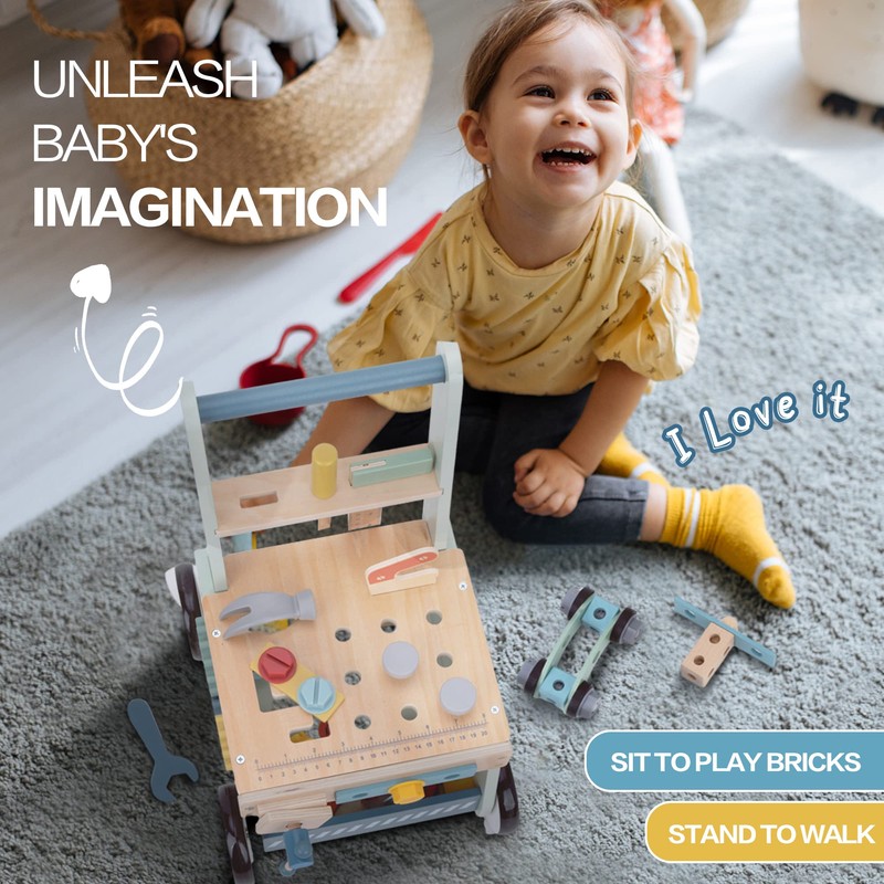 2-in-1 Baby Push Walker - Wooden Push Walker and Tool