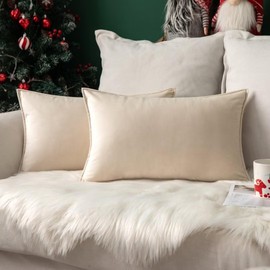 MIULEE Pack of 2 Velvet Soft Decorative Square Christmas Throw Pillow Case Flanges Cushion Covers Pillowcases for Livingroom Sofa Bedroom with Invisible Zipper 30cm x 50cm 12x20 Inch Set of Two Cream