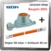 Pressure Regulator 50 mbar, 1.5 kg/h for Caravan/Motorhome + Hose