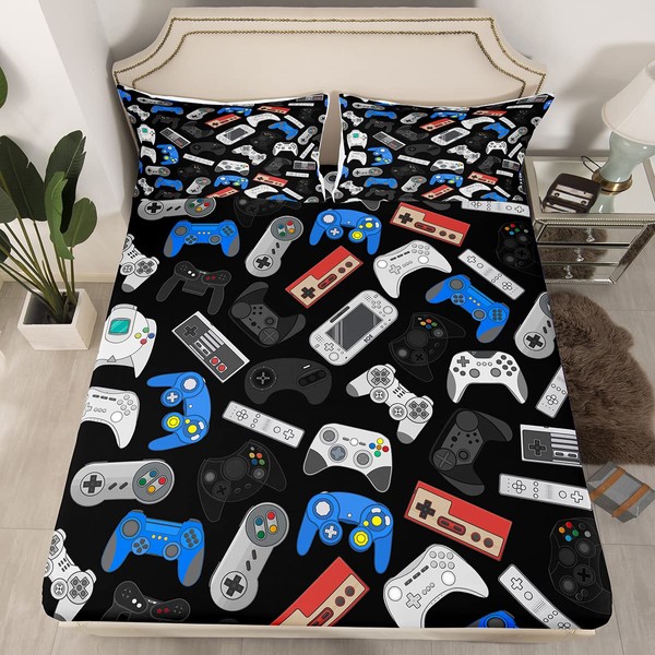 Teens Gamepad Fitted Sheet Modern Gamer Fitted Bed Sheet Twin Size for Kid Boy Children Video Game Bedding Set Player Gaming 2 Piece Bedding Decor Set Breathable Decorative Room(No Flat/Top Sheet)
