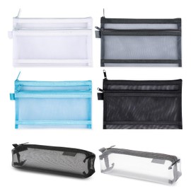 6 Pack Mesh Pencil Case, Portable Clear Pencil Case, Zipper Mesh Bags Multifunctional Clear Nylon Pencil Case Pouch Storage Organizer Stationery Pouch for School Office Supplies Travel Accessories