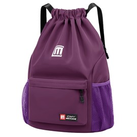 Pystuvo Drawstring Gym Bag, Large Drawstring Bags With Mesh Pockets Water, Nylon Waterproof Drawstring Bag Gym Bag Drawstring With Outside Zipper For Sports Holidays Swimming Travel,Purple