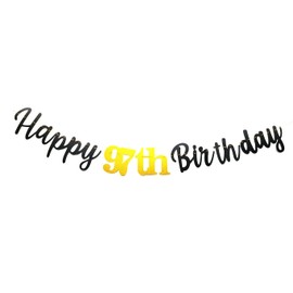 SPRICEMQC Happy 97th Birthday Banner, Black and Gold, 116" x 4.72", Pre-Strung, Indoor/Outdoor, 97th Birthday Party