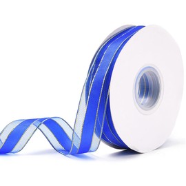 CABODYALS 50 Yards 1 Inch Wide Blue Sheer Organza Ribbon Transparent Mesh Chiffon Striped Voile Fabric Yarn Ribbons with Gold Edge Trim Bulk for Sewing Making Crafts Gift Wrapping Bouquets Decor DIY