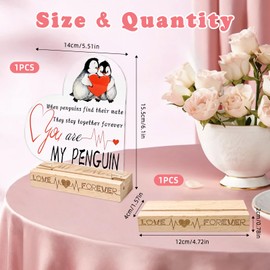 KATIMI Anniversary Wedding Gifts for Him & Her, Heart Acrylic Plaque Wedding Gift, Penguin Romantic Present with Wooden Base, Couple Gifts for Wife Husband Boyfriend Girlfriend Engagement