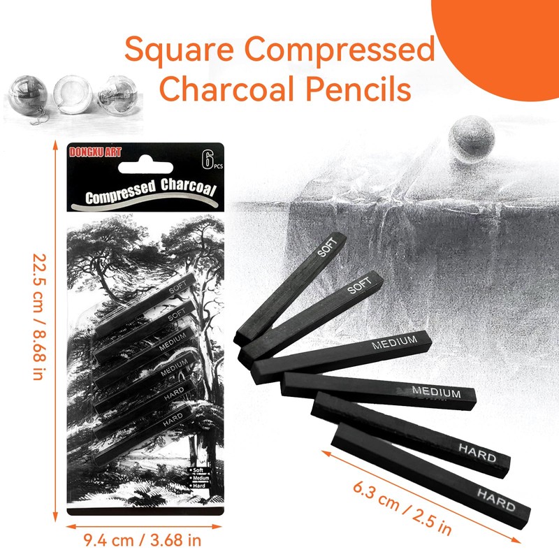 6 Pack Square Compressed Charcoal Pencils for Artists - Soft/Medium/Hard