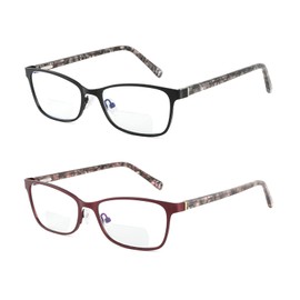 Bifocal Reading Glasses Women Blue Light Blocking With Clear Top Computer Reader No Line Wide Metal Frame Designer Ladies Eyeglasses Black Red +1.25 strength