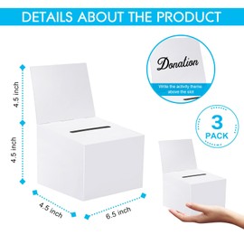 3 Pcs Raffle Boxes Ballot Box for Fundraising, 6.5 x 4.5 x 4.5 Inch Cardboard Box with Slot for Ticket and Removable Header Donation Box Charity Box for Collecting Business Card Voting Contest (White)