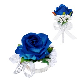 Vkkperp 2Pcs Blue Rose Corsage and Boutonniere Set, Corsage Wristlet Band for Prom Suit Decorations, Artificial Boutonniere for Men Wedding Party Flower Accessories