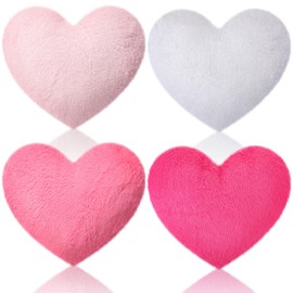 Remerry 4 Pcs Heart Shaped Cute Throw Pillows Faux Rabbit Fur Heart Pillow Soft Fluffy Throw Cushion Decorative for Bedroom Bed Sofa Kid Girls Sleepover Party (Lovely)