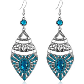WUWEIJIAJIA Bohemian Style Retro Geometric Alloy Dangle Drop Earrings Ethnic Colored Rhinestone Hollow Dangle Drop Earrings (Blue)