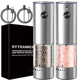 SYTRANREIN Rechargeable Electric Salt and Pepper Grinder Set, Premium Stainless Steel Automatic Pepper Salt Mill Grinder Set with LED Light,3.2 Oz Larger Capacity, 6 Adjustable Coarseness