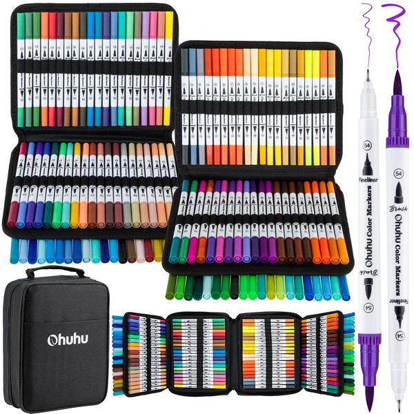 Ohuhu Markers for Adult Coloring Books: 160 Colors Brush Pens Dual Brush Fine Tip Drawing Pens Water-Based Coloring Markers for Calligraphy Bullet Journal with Carrying Case -Maui (White Package)