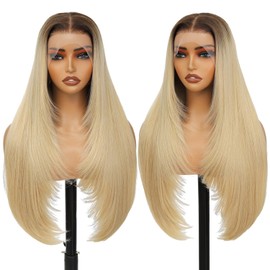 Ombre Flaxen Synthetic Lace Front Wig 13x4 Layered Hairstyle Glueless Pre Plucked Straight 26 Inch for Wigs Black Women Beginner Friendly