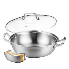 Delarlo Tri-Ply Stainless Steel 12 inch Everyday Pan with Glass Lid, Deep Saute Pan, Kitchen Everything Pan, High Side Chef's Pans, Induction Cooking Pot, Dishwasher Safe, 4QT Stock Pot Up To 600℉