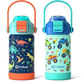 Fimibuke Kids Insulated Water Bottle with Pop-Open Straw & Spout 2-in-1 Lid, 14oz Leak Proof 18/8 Stainless Steel Vacuum Tumbler, BPA-Free Kids Cup For Travel School Girls Boys Toddler 2 Packs