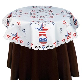 Creative Linens 4th of July Holiday Patriotic Tablecloth 33" Round Topper for American Independence Day, Memorial Day, Embroidered Stars Hearts Americana Table Decor in Red White Blue