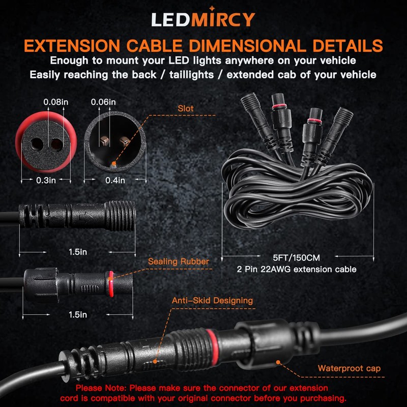 LEDMIRCY LED Rock Lights Extension Cable Wire Cord 2Pin Waterproof