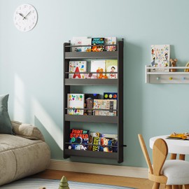 MAHANCRIS Kids Bookshelf, 4-Tier Wall Mount Bookshelf for Kids, Behind The Door Bookshelf, Hanging Book Shelf for Kids Room, Playroom, Bedroom, Living Room, Black KBBK7601