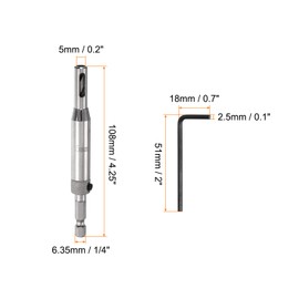 sourcing map Self Centering Drill Bit Set 5mm, 1/4" Hex Shank Drilling Bits for Wood Working, Cabinet Door Hinge Hole Punch Tool Self Center with Hex Keys L-Shaped, Silver