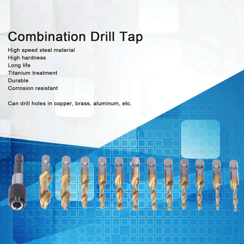 13Pcs/Set Combination Drill Tap High Speed Steel Titanium Plated Hex