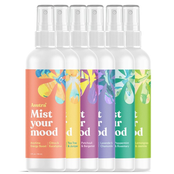 ASUTRA Essential Oil Blend, Multi-Use Aromatherapy Spray, Variety Pack, 4 fl oz Each (6 Pack) | for Face, Body, Rooms, Linens | Car, Fabric, and Bathroom Freshener | Focus, Relax, Calm Down, Treat Skin, Energize