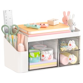 SAYEEC Desk Organizer Multi-Functional Desktop Makeup Stationery Accessories Organizer Desk Organization Storage Box Caddy for Office School Home Vanity Table (White)