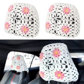 CSWCS Crochet Seat Headrest Cover, Car Seat Pillow Protector, Cute Daisy Car Accessories for Women, Universal Seat Cover Boho Car Decor Fit Sedans,SUVs,Trucks-2 Packs (White-Pink Daisy)