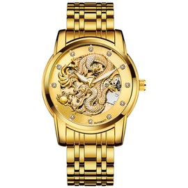 carlien Men's Dragon Collection Limited Luxury Carved Dial Golden Automatic Self Wind Waterproof Wrist Watch (Gold)