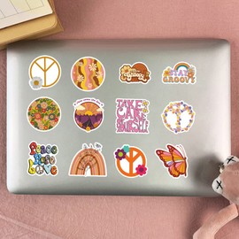50 Pcs Hippie Stickers, 70s RetroVinyl Groovy Preppy Boho Daisy Waterproof Stickers Hippy Party Decorations Peace Sign Stickers for Laptop, Car, Water Bottles, Computer, Phone, Stickers for Kids Teens