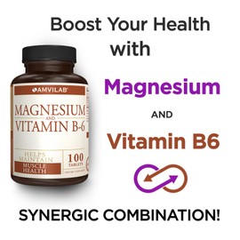 Amvilab Magnesium and Vitamin B6 - Helps Maintain Muscle Health - Supports Brain Health & Nerve Function - Helps Daily Vitality & Sleep Quality - Recovery Boost - Dietary Supplement - 100 Tablets