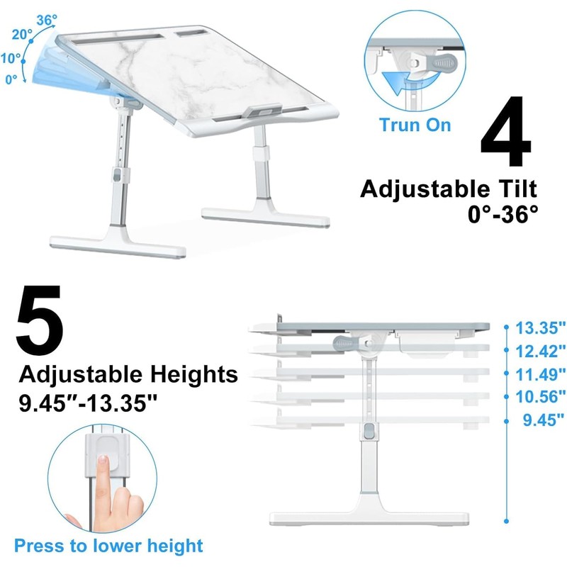 EVETTO Bed Desk for Laptop - Marble Pattern, Adjustable X-Large