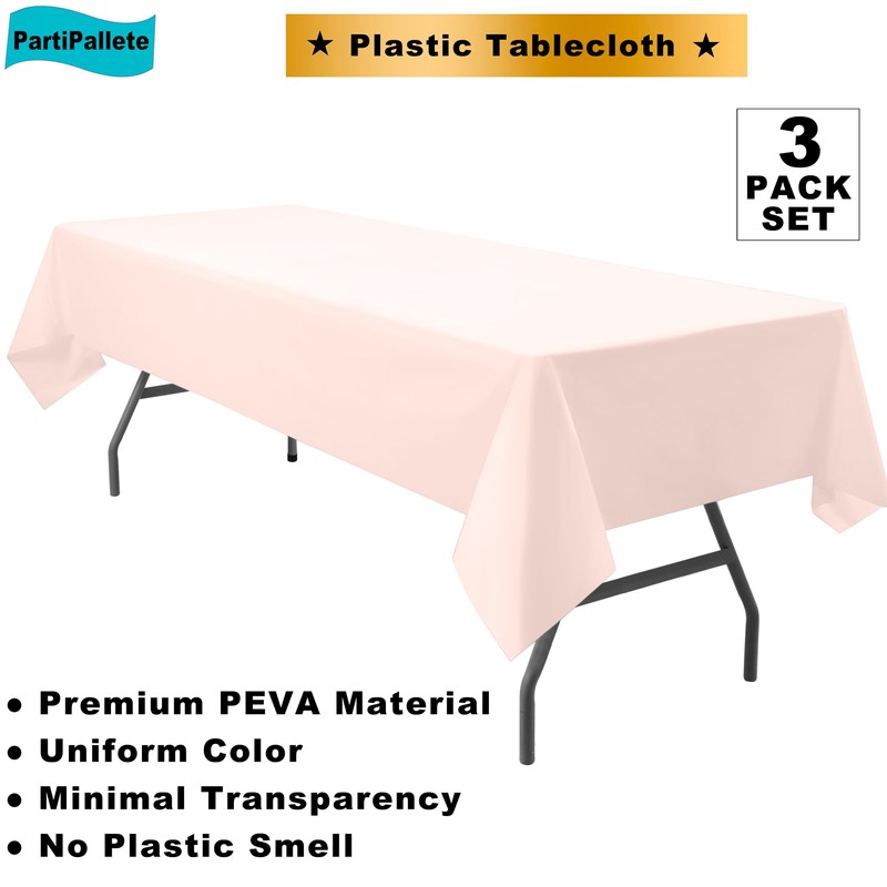 PartiPallete 3-Pack Premium Plastic Blush Light Pink Tablecloth Disposable 54"