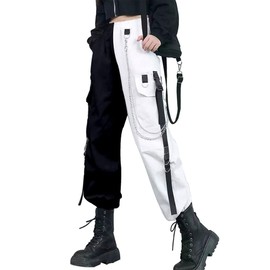 Patchwork Pants Black and White Baggy Cargo Pants with Chain Kpop Fashion Emo Gothic Clothes for Women