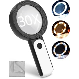 ERKOON Lupa luz, Lupa de Lectura 30x, 18 Leds - 3 Modos Lupa de Mano con Lente de Cristal, Doble luminosidad, Adecuada para Personas Mayores, Ideal para relojeros