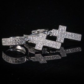 Street Knitted Iced 2pc Men Sterling Silver Cz Cross Drop Dangle Huggie Hinged Hoop Earrings