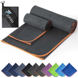 Jokisa 2-Piece Microfibre Towel Set (180 x 90 cm Pool Towel + 100 x 50 cm Gym Towel), Quick-Dry, Sand-Free, Multi-Purpose, Dark Grey - Orange